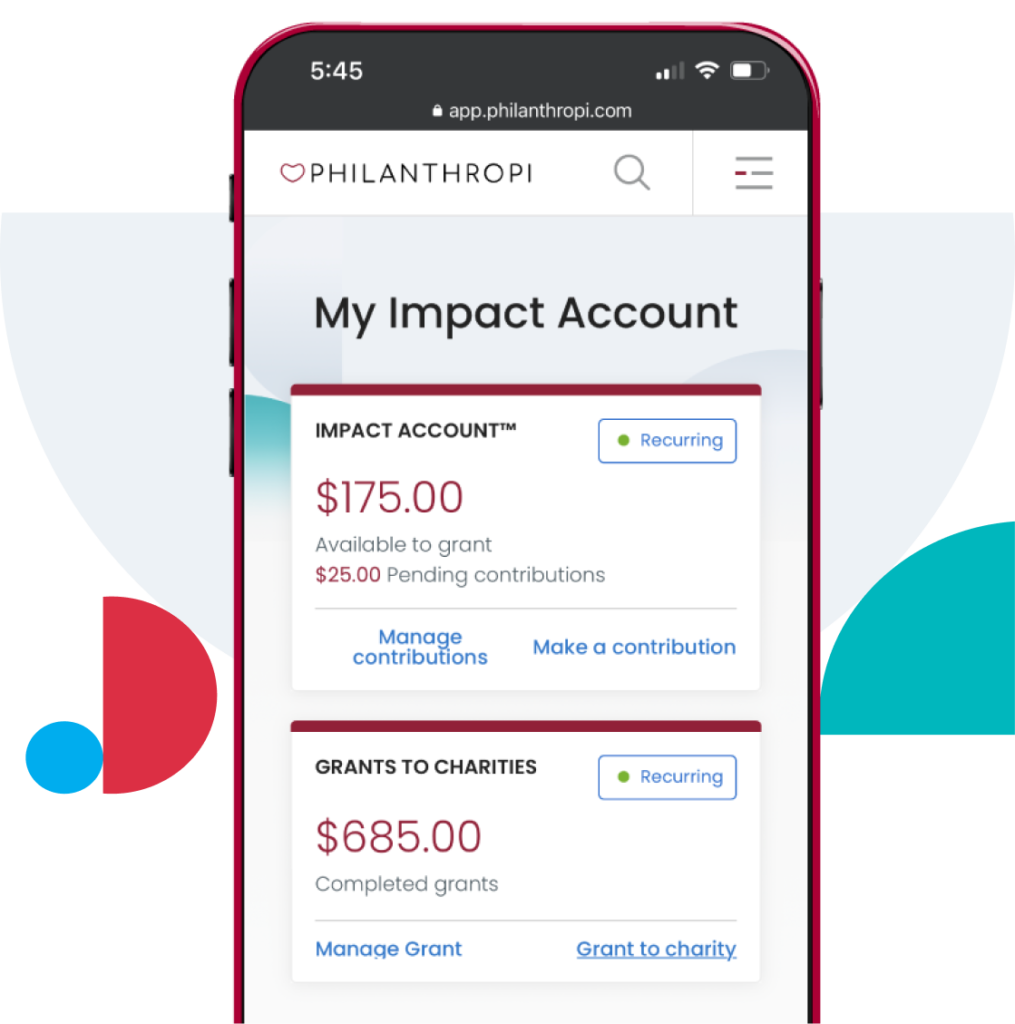 Phone with an Impact Account on the screen showing the ability to contribute to an account and the ability to grant to a charity. Philanthropi will match up to $5,000 of grants for the month of March 2023 to Breastcancer.org to support Triple-Negative Breast Cancer awareness